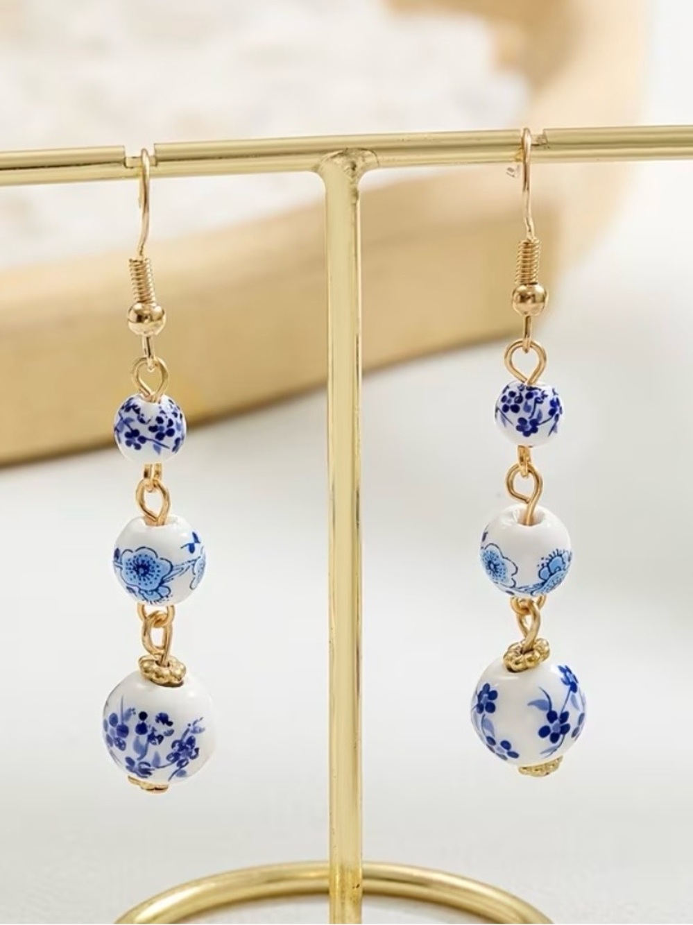 Blue Floral Drop Earrings - Gold-tone Hooks